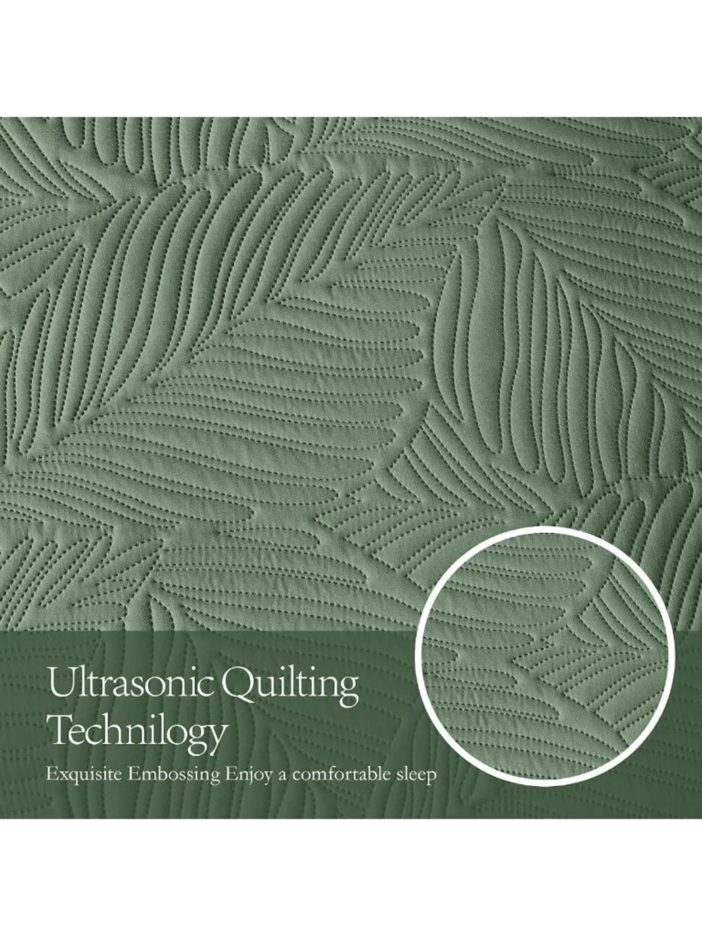 Lightweight Olive Green King Quilt Set, Soft Bedspread with Leaf Pattern, 3
